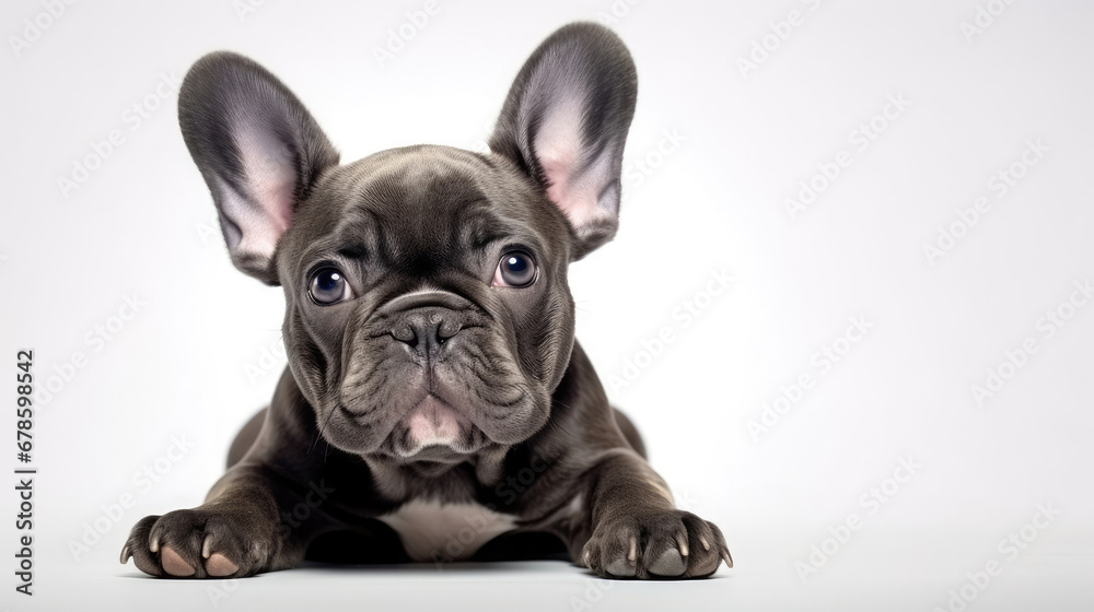 Cute little French Bulldog puppy sitting on a white background in studio with empty space for text created with Generative AI Technology