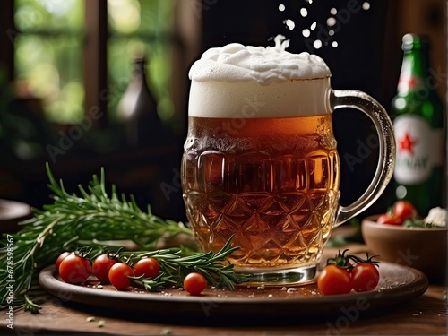 A large beer mug  a bottle of beer  with foam overflowing from the rim. The beer bubbles float in the air