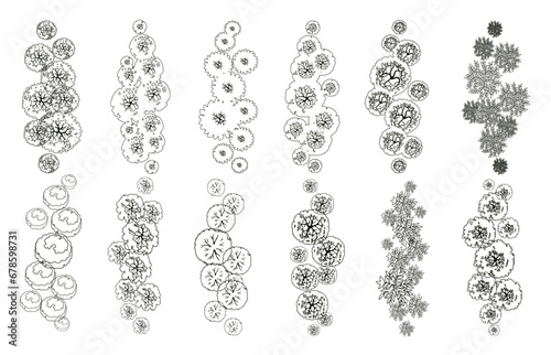 Trees for architectural floor plans. Entourage design. Various trees, bushes, and shrubs, top view for the landscape design plan. Vector illustration.