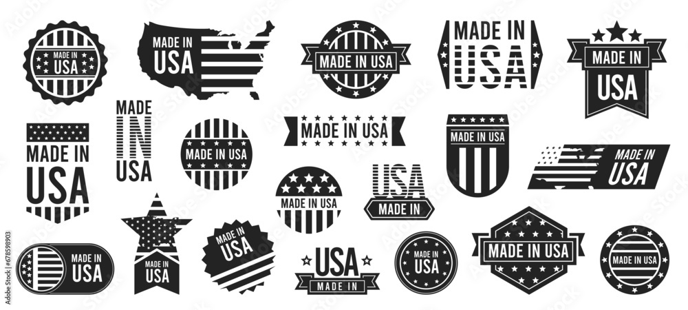 Made in USA stapms black color. Retro american flag stamp with text. Logo with text and seal. Label design vector set - obrazy, fototapety, plakaty 