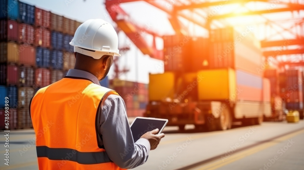 Engineer and tablet at Containers yard from Cargo freight ship for import export, Transportation concept Import and export. Engineer and tablet at Containers yard from Cargo freight ship for import export, Transportation concept Import and export.