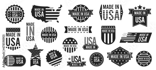 Made in USA stapms black color. Retro american flag stamp with text. Logo with text and seal. Label design vector set photo