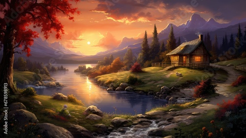 Peaceful landscape with the sun setting