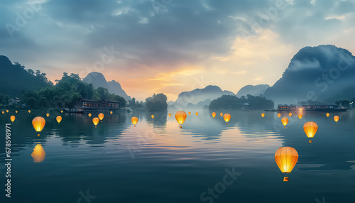 Asian lanterns near the water, Chinese New Year concept photo