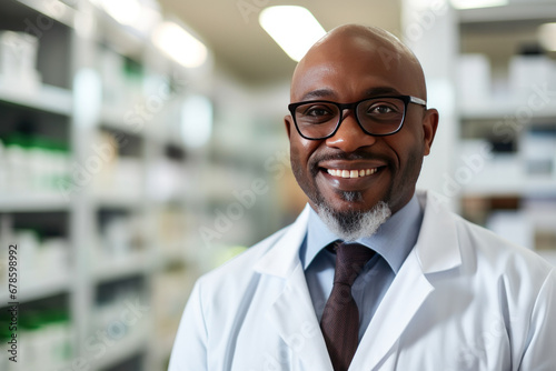 Portrait of Happy Confident Black Pharmacist Wearing Lab Coat and Glasses, Crosses Arms and Looks at Camera Smiling Charmingly in a pharmacy store. © Wararat