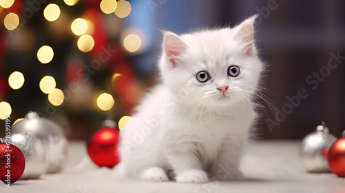 Cute little fluffy white kitten sitting and looks at the camera. Christmas tree, Christmas balls and blurred Christmas lights on background.