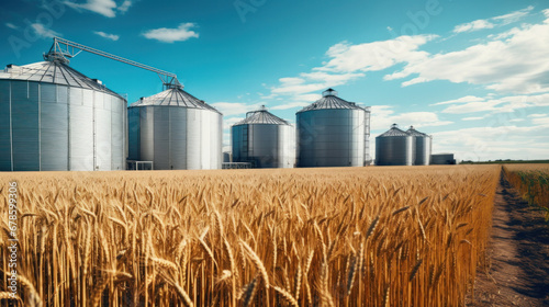 Silos in wheat field. Storage of wheat production.