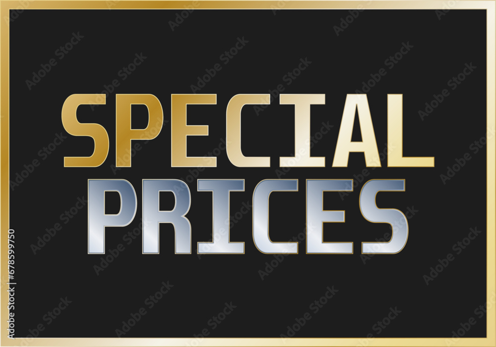 Cartel de precios especiales dorado y plateado.