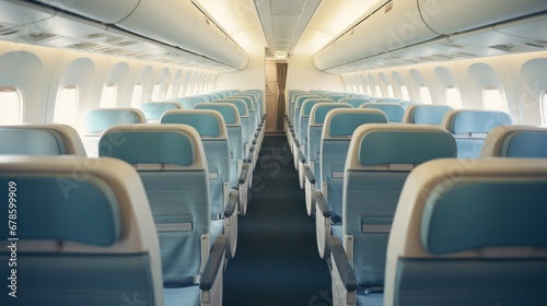 Modern Aircraft Interior with Rows of Seats and Safety Instructions for Air Travelers