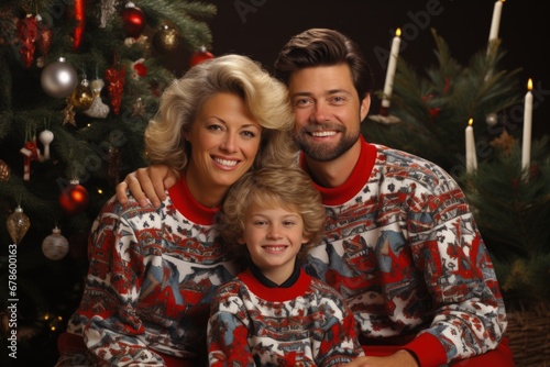 Family in 90s holiday sweaters cheerfully posing by a Christmas tree  © fotogurmespb