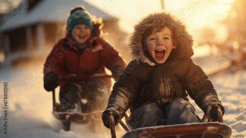 90s children joyfully sledging in a snowy Christmas landscape at dusk  photo