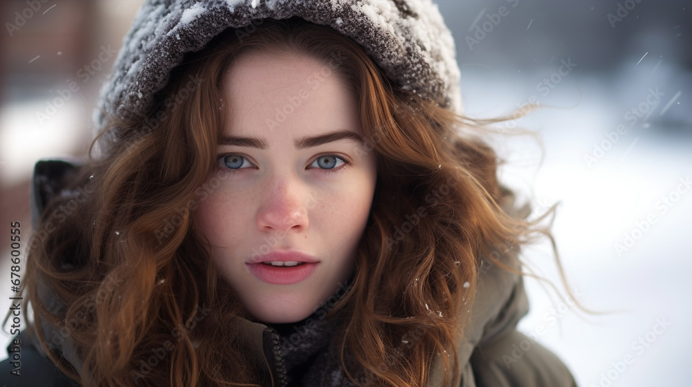 Portrait of a young woman, winter weather, outdoors. AI