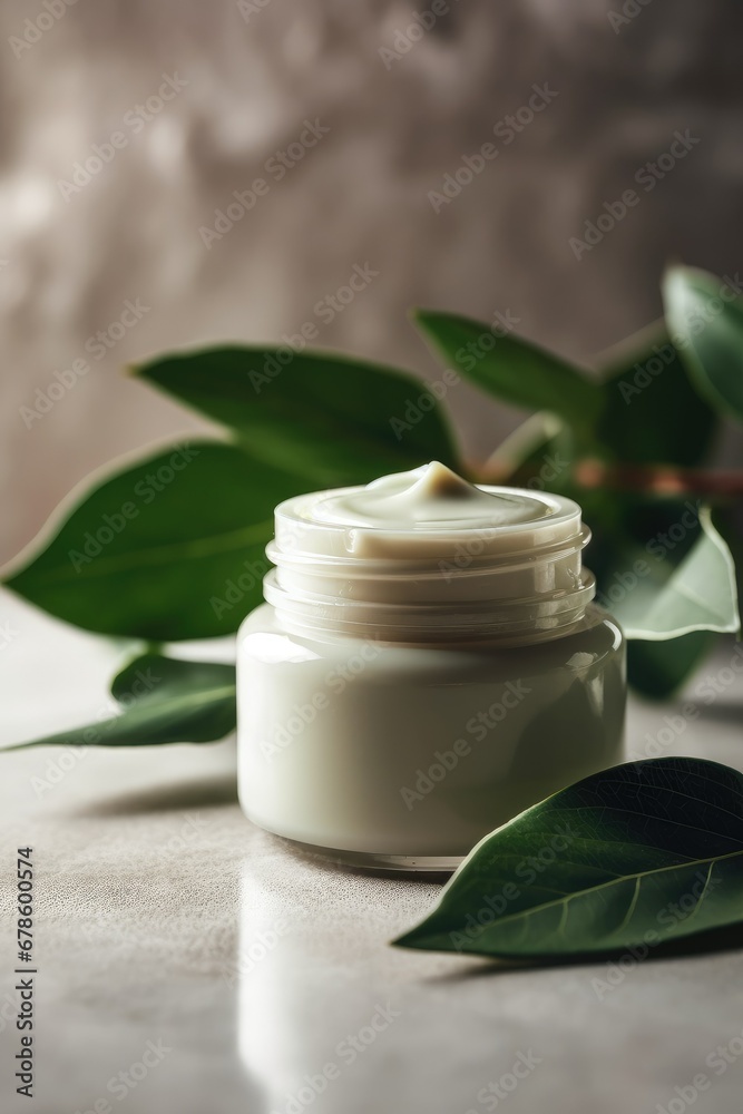 A jar of moisturizing cream with green leaves with a natural composition. Skin care.