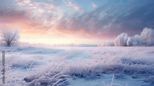 Beautiful winter sunrise rural scenery. AI © Oleksandr Blishch