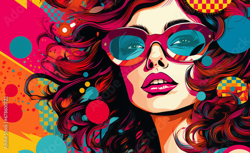 Melody in Colors: A vibrant pop art celebration of music and joy with a young woman with glasses




