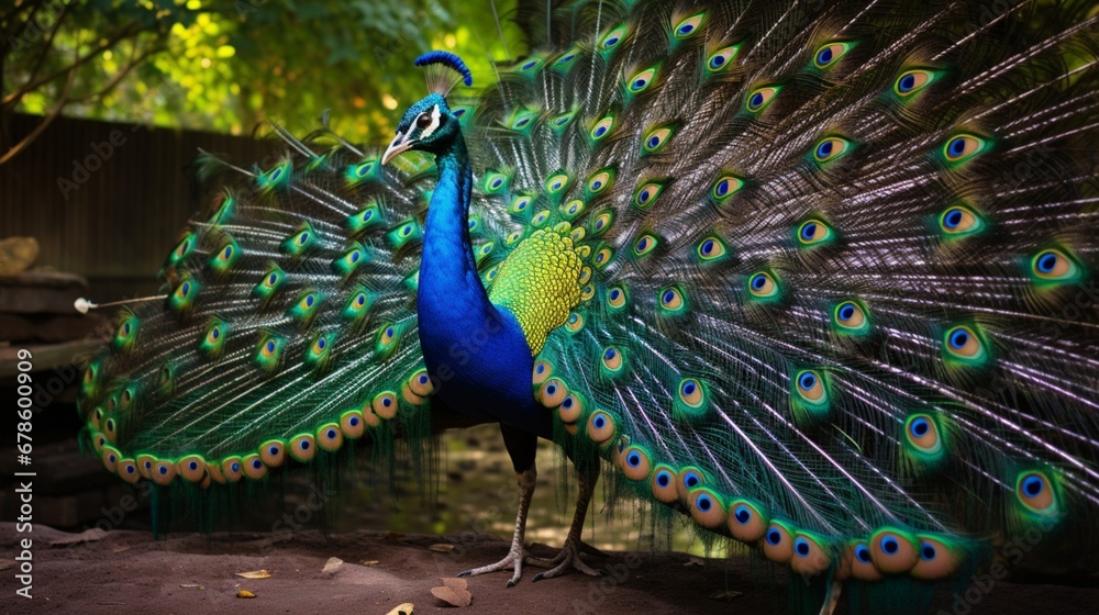 Obraz premium A striking peacock displaying its iridescent feathers.