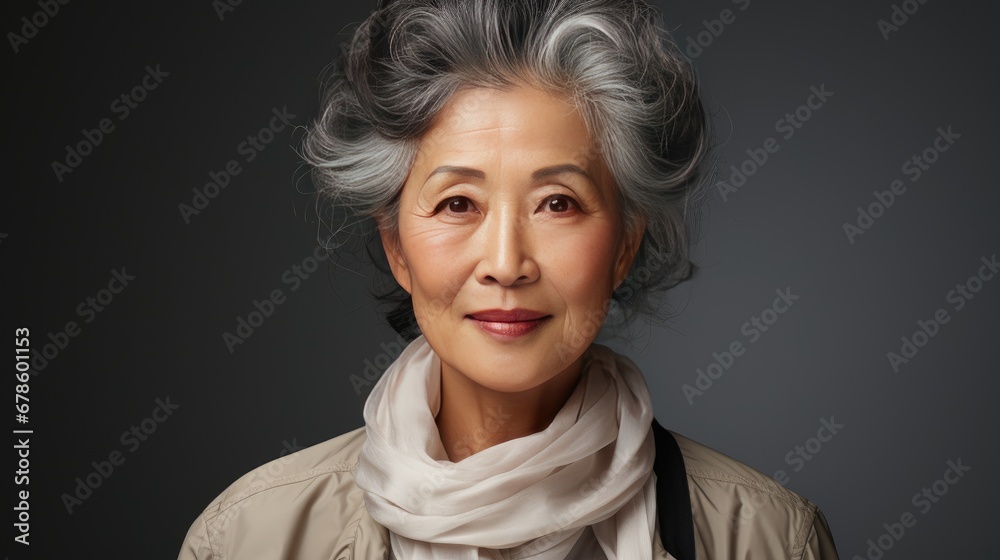 Asian gorgeous mature woman with natural makeup indoors, day light. Smiling confident aging model middle aged woman