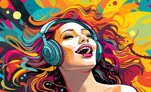 Melody in Colors  A Vibrant Pop Art Celebration of Music and Joy with a Young Woman in Headphones