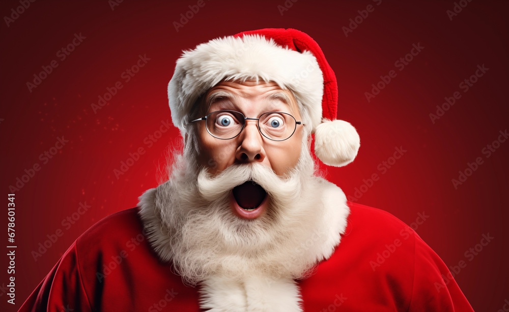 Naklejka premium Hilarious Holiday Banner Featuring Santa's Unexpected Surprise. Shocked Santa Claus on a Red Background.