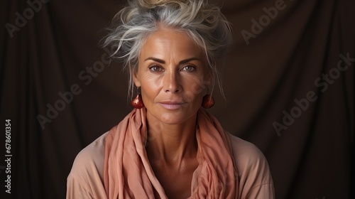 Shooting with gorgeous gray-haired senior woman. Stylish and well-groomed elderly mature woman. Positive single old age model. Natural old beauty and aging concept.