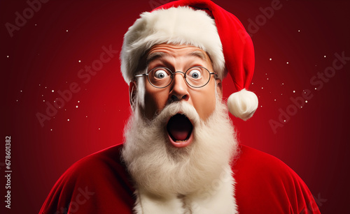 Hilarious Holiday Banner Featuring Santa's Unexpected Surprise. Shocked Santa Claus on a Red Background.