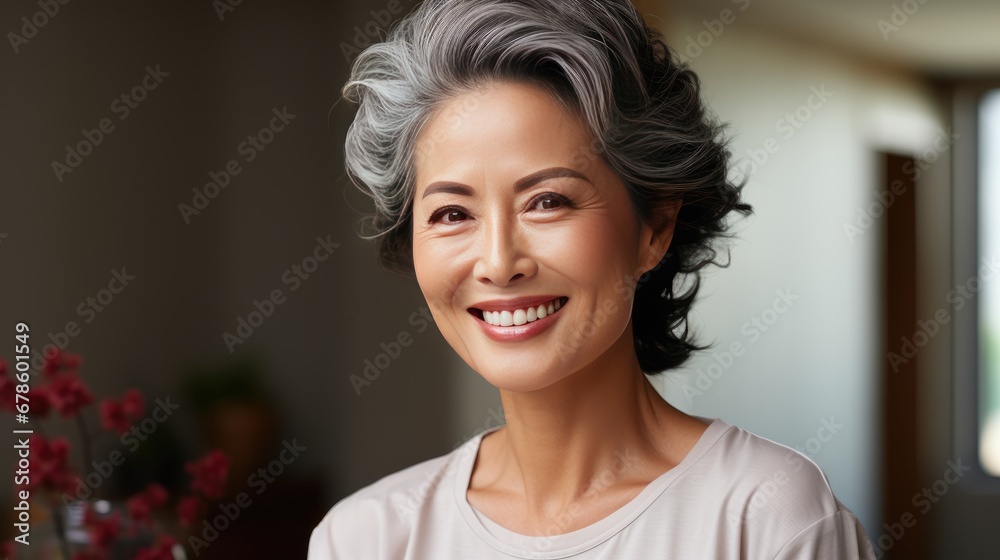 Asian gorgeous mature woman with natural makeup indoors, day light. Smiling confident aging model middle aged woman Asian gorgeous mature woman with natural makeup indoors, day light. Smiling confident aging model middle aged woman