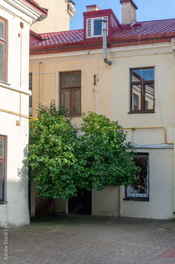 typical inner courtyard of an old building in the historic center of Grodno.