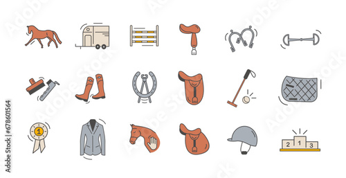Horse Riding Essentials Flat Colored Icon Set. Vector Illustration of Equestrian Gear, Equipment and Activities in Minimal Outline Style.