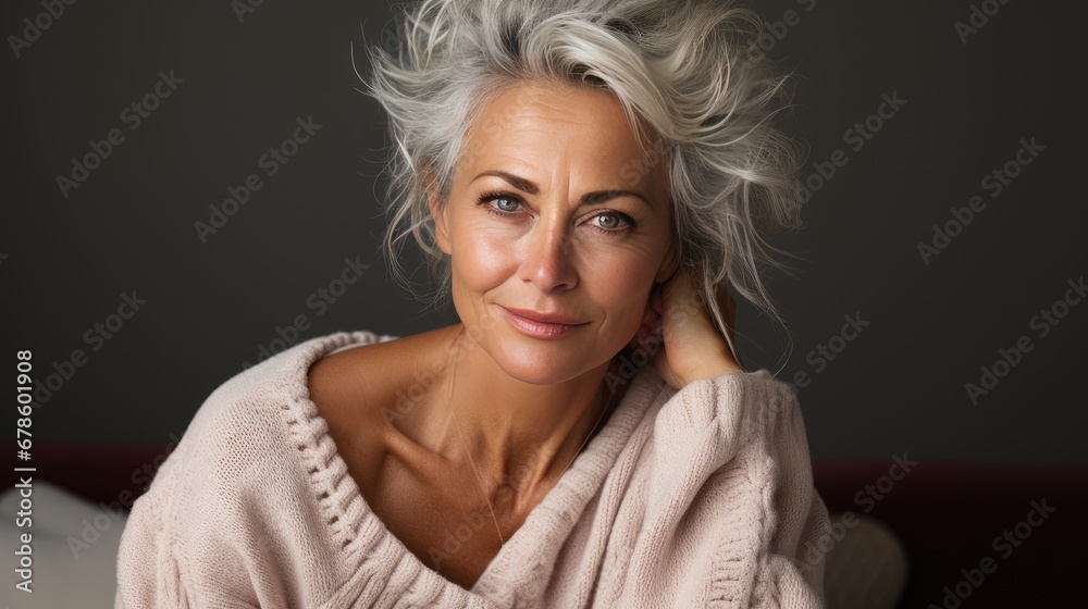 Shooting with gorgeous gray-haired senior woman. Stylish and well-groomed elderly mature woman. Positive single old age model. Natural old beauty and aging concept.