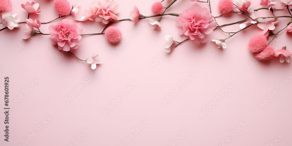 Flowers composition. Pink flowers and eucalyptus branches on pink background. Valentines day, mothers day, womens day concept. Flat lay, top view