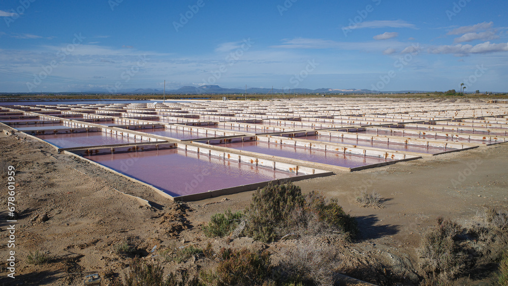 Mallorca, Spain - Nov 1 2023: Natural salt harvesting at the Salines des Trenc
