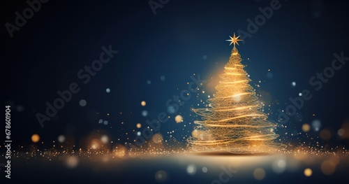 Christmas tree with golden glitter and star on night background with copy space banner