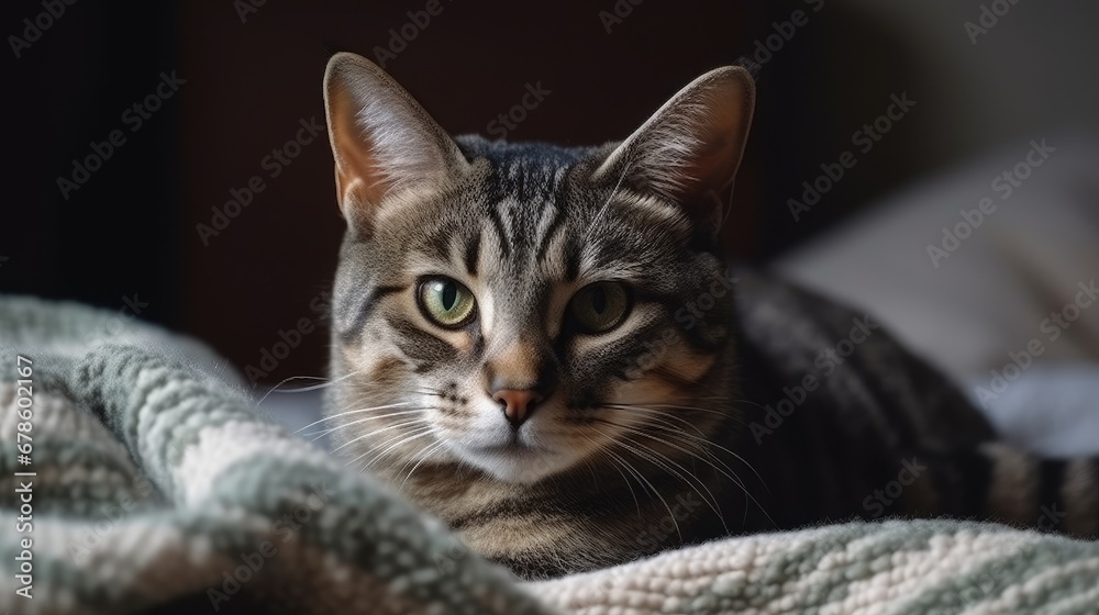 A domestic tabby cat is sitting on the couch. Animal paws close-up. An adult or young cat on a soft knitted blanket, at home, indoors. Adoption of pets. Home life. Lifestyle