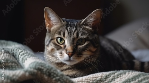 A domestic tabby cat is sitting on the couch. Animal paws close-up. An adult or young cat on a soft knitted blanket, at home, indoors. Adoption of pets. Home life. Lifestyle © 3D Station