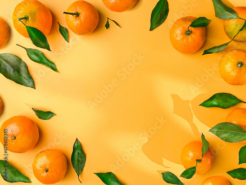 Juicy mandarins with leaves on orange background with openwork shadows free space copy space beautiful frame photo