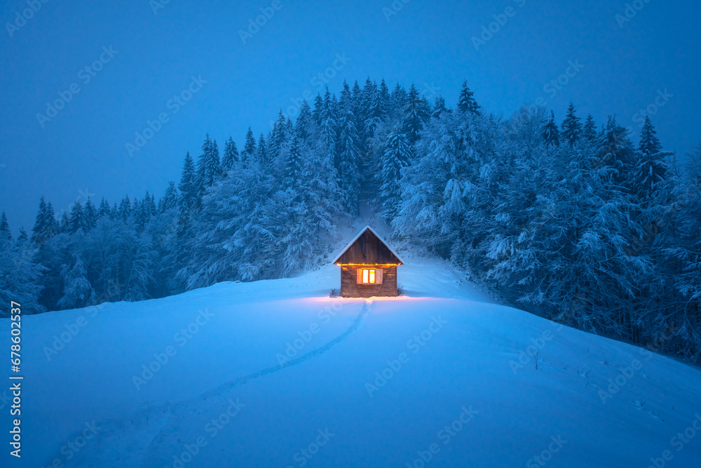 Isolated wooden cottage amid snow-laden conifers on a mountain clearing hidden within the forest in the winter. Christmas holiday and winter vacations concept - obrazy, fototapety, plakaty 
