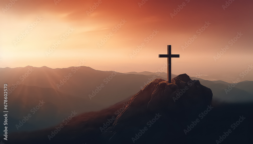 Wooden cross on the top of the mountain on New Year's Eve or Christmas - obrazy, fototapety, plakaty 