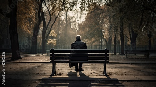 A man sits alone on a park bench. photo