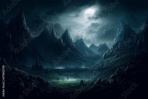 Fantasy horror landscapes.Mystic Mountain Landscape with cloudy spooky sky with moonlight .