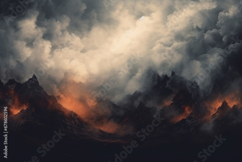 Fantasy horror landscapes.Mystic Mountain Landscape with cloudy spooky sky with moonlight .