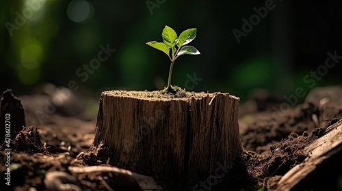 A strong seedling growing in the center trunk of cut stumps. tree ,Concept of support building a future focus on new life.