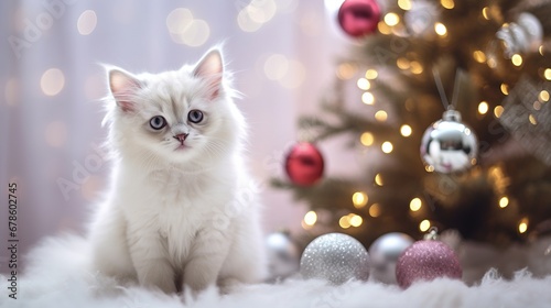 Cute fluffy white kitten sitting and looks at the camera. Christmas tree, Christmas balls and blurred Christmas lights on background.