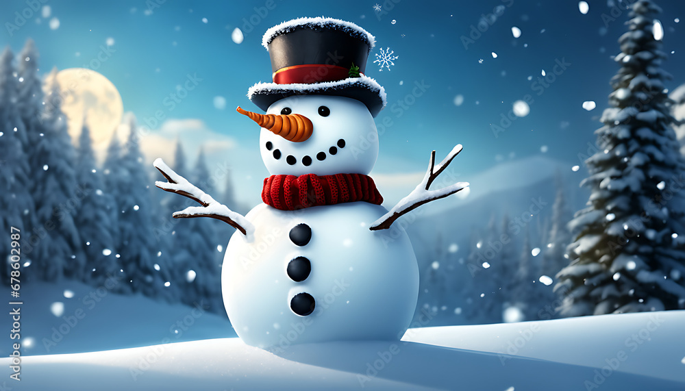 A unique and diverse snowman stands tall in a winter wonderland, adorned with a top hat and scarf, surrounded by falling snowflakes.