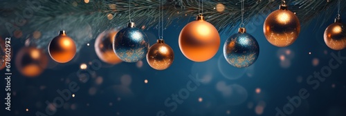Christmas tree decorated balls on night background with light particals, Merry Christmas style with decorative gold balls