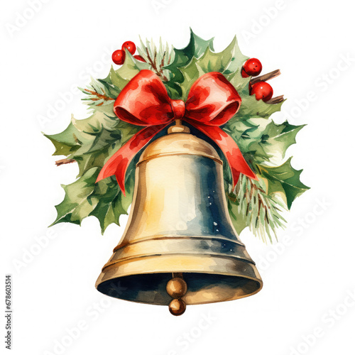 watercolor vintage style Christmas golden bell with ribbon created with Generative AI Technology