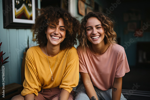 Two carefree young female girlfriends with curly hair and comfortable clothes look with smile at the camera on porch photo