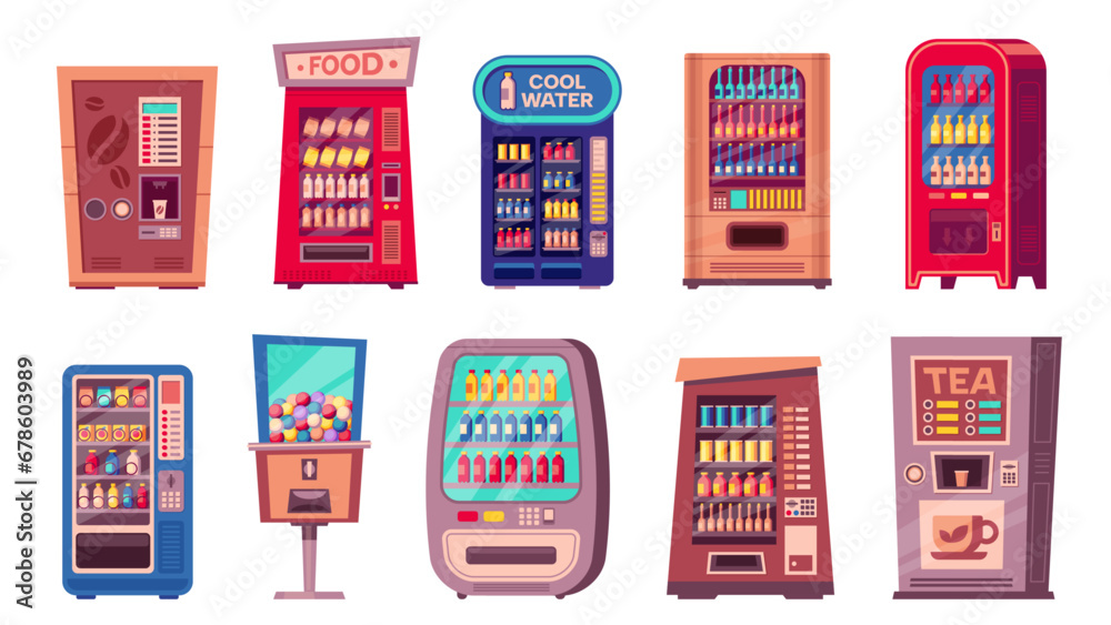 Snack machine. Cartoon vending machine with sweets, soda and coffee, cartoon vending machine with snacks for sale. Vector vending machine set