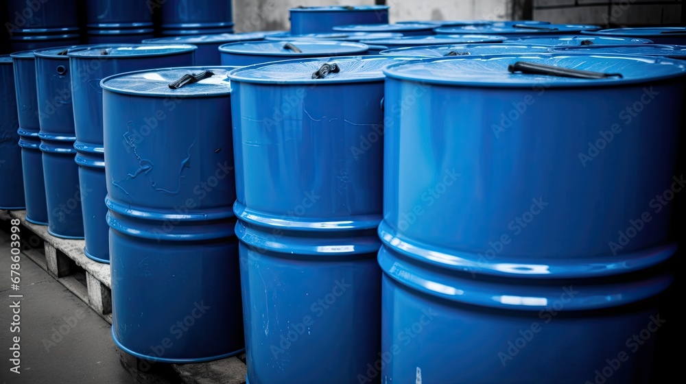 Blue plastic gallon drums barrel overlie together at a recycling plant. Blue plastic gallon drums barrel overlie together at a recycling plant.