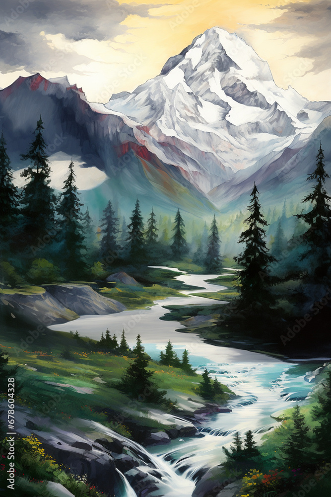 Mountain landscape Painting, Forest Clipart, Nature illustration