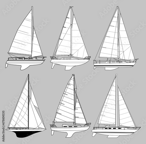 Sailing yacht sailboat model design vector outline drawing collection